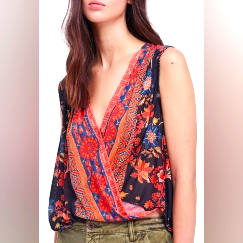 Free People Havana Black Floral Print Sleeveless Surplice Faux Wrap Top